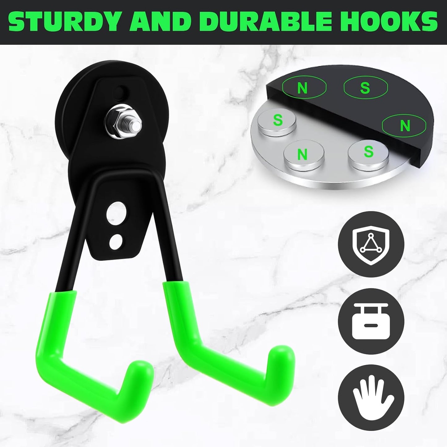 Landhoow Large Magnetic Hooks Heavy Duty Garage Magnet Hooks Strong Storage Utility Magnetic Hangers with Anti Slip Rubber Coating for Indoor and Outdoor Hanging(Green,14 Pcs)