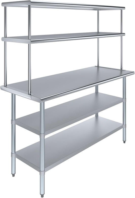 Amgood Stainless Steel Work Table with 2 Shelves | Metal Kitchen Prep Table & Shelving Combo (24" x 60" Table with 2 Shelves + 18" Overshelf)