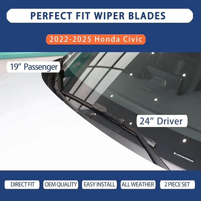 Windshield Wiper Blades for 2022 2023 2024 2025 Honda Civic - Front Set (24"+19") Premium All-Weather Beam Wipers