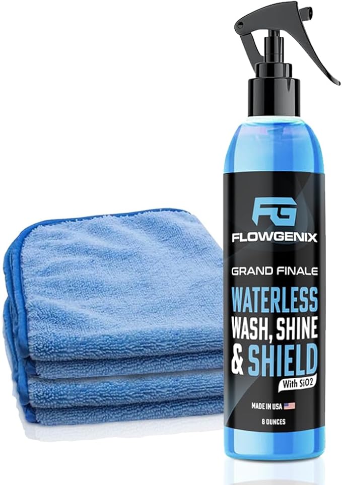 Flowgenix™ Waterless Car Wash Spray - Grand Finale - Motorcycle Cleaner & Car Wax Spray Polish (8 oz) - Ceramic Coating - Incl. 2 Microfiber Towels - Quick Detailer Spray to Make Your Vehicle Shine