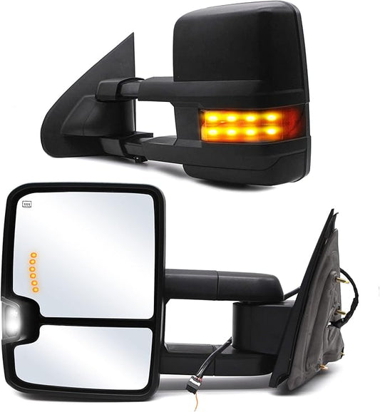 ReYee Towing Mirrors for 2014-2019 Chevy Silverado 1500 2500 3500 GMC Sierra with Power Heated Turn Signal Light Arrow Signal On Glass Auxiliary Lamp Manual Telescoping Folding Black Cap