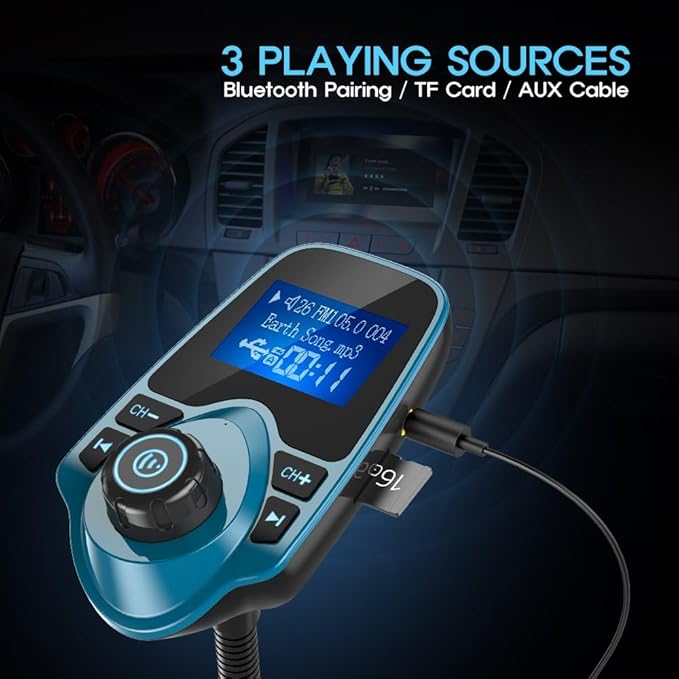 Nulaxy Bluetooth Car FM Transmitter Audio Adapter Receiver Wireless Handsfree Voltmeter Car Kit TF Card AUX 1.44 Display – KM18 Peacock Blue