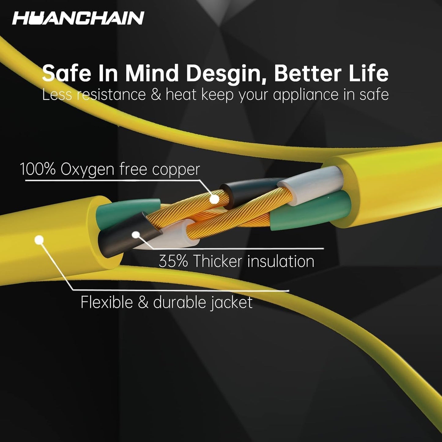HUANCHAIN Outdoor Extension Cord 60 Foot Waterproof, 16/3 Gauge Flexible Cold-Resistant Appliance Extension Cable Outside, 10A 1250W 16AWG, 3 Prong Heavy Duty Electric Cord Yellow, ETL