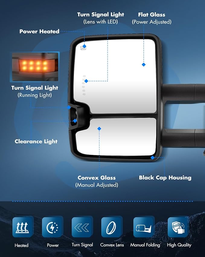 ECCPP Towing Mirrors Tow Mirrors With 2014-2018 For Chevy For GMC 1500 2015-2020 For Chevy For GMC 2500/3500 HD Power Adjusted Heated Led Turn Signal Width Light Pickup Truck