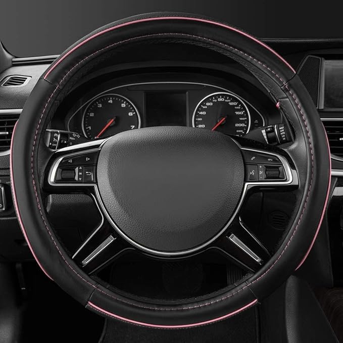 CAR Pass Colour Piping Leather Universal Fit Steering Wheel Cover, Perfectly fit for 14.5-15 inches Suvs, Vans, Trucks, Sedans, Cars (Black&Pink)