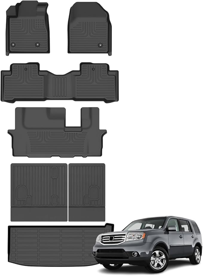 Floor Mats & Cargo Liner for Honda Pilot 2015-2009 All Weather Automotive TPE Liners Set Anti-Slip Waterproof Floor Liners Accessories (Car Mats+Trunk Mat) Black