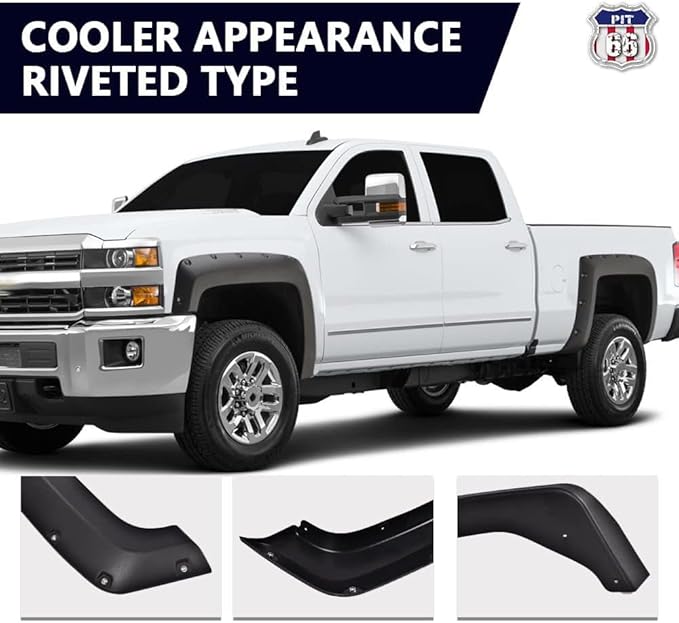 PIT66 Fender Flares, Compatible with 2014-2018 Chevy Silverado 2500HD 3500HD Fleetside 78.8" / 97.6" / 97.8" Bed, Not Compatible with Dually Models and Short Bed Models, Textured Pocket Rivet Style