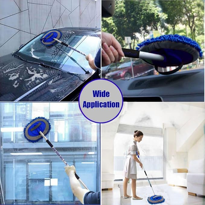62" Car Wash Brush Mop Kit with Long Handle, 2 in 1 Chenille Microfiber Sponge Mitt Cleaning Detailing Duster for Washing Cars Truck SUV RV Caravans and Household(2 x Mop Head) (Blue)