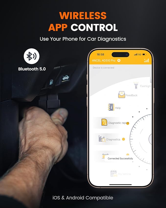 ANCEL AD310 Pro 2-in-1 OBD2 Scanner & Car Battery Tester, Bluetooth Diagnostic Tool with User-Friendly APP for iPhone Android, Check Engine Light Code Reader, Battery Health Monitor for All Cars