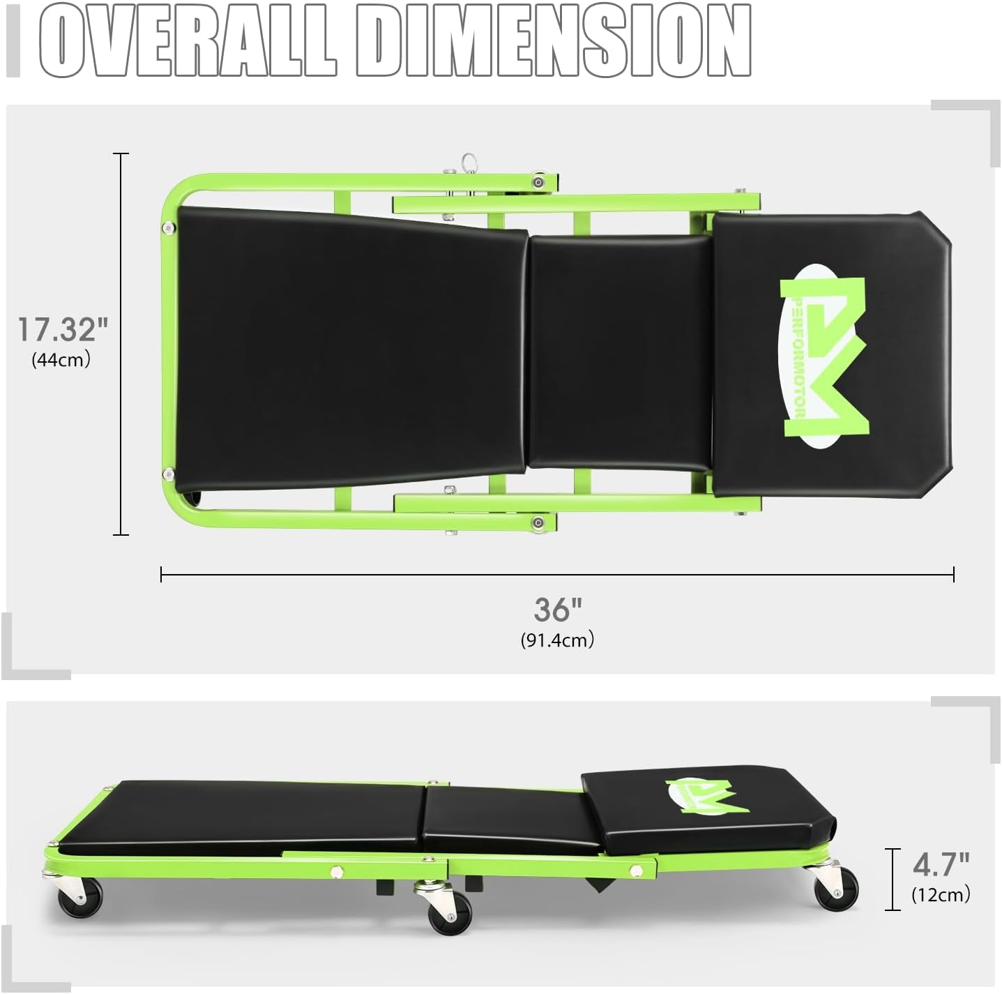 PM PERFORMOTOR 36 Inches Folding 2 in 1 Rolling Z Creeper, Adjustable Roller Garage Chair Lay Down or Sit, 6 Pcs 2" Casters, 150kg Weight Capacity, Green,PM-TOL-CPS36-GR