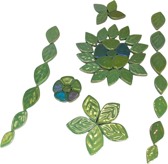 1.1LB Iridescent Leaves Ceramics Mosaic Tiles,Making Creative 3 Size Ceramic Mosaic Pieces for DIY Craft,Flowerpots,Vases,Cups,Garden Decor Mosaic Making Supplies (Green Flowers + Green Leaves)
