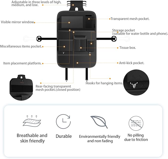 GMQ Back Seat Car Organizer 1 Pack,Backseat Organizer with Tray,Multifunctional Car Seat Back Storage Box with Foldable Tablet Holder (Black, Plain weave)