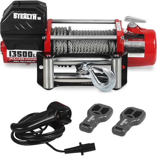 Stealth Winches 13500lb Truck Winch 12V Electric Winch with 2 Wireless remotes and Steel Rope, Perfect for SUV Towing Trailer Winch, Hook, Weatherproof, with Roller Fairlead, Heavy Duty
