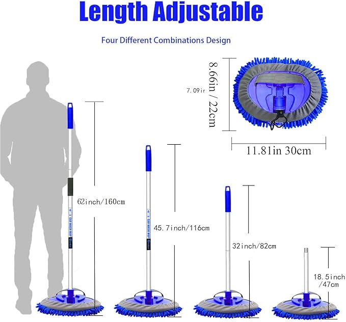 62" Car Wash Brush Mop Kit with Long Handle, 2 in 1 Chenille Microfiber Sponge Mitt Cleaning Detailing Duster for Washing Cars Truck SUV RV Caravans and Household(2 x Mop Head) (Blue)