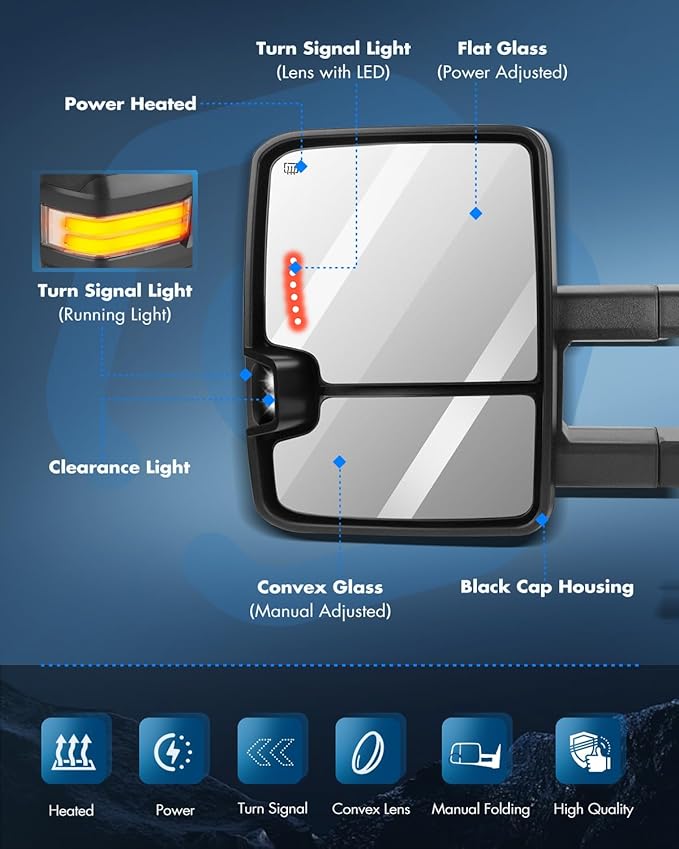 ECCPP Towing Mirrors, A Pair of Exterior Automotive Mirrors for 2003-2006 for Chevy Silverado for GMC Sierra with Dynamic Running Lights Arrow Signal Reversing Lights Power Operation Heated