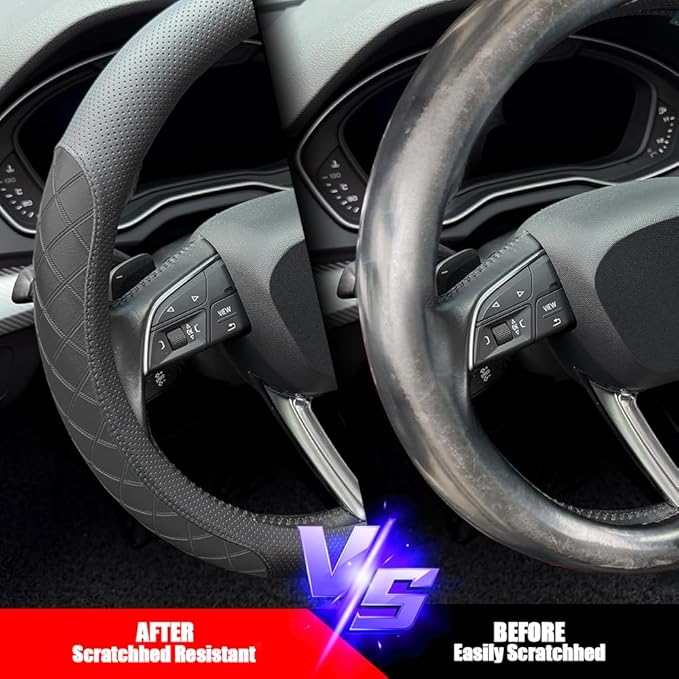 LKWLIKEI Nappa Leather Steering Wheel Cover, Elegant Diamond Checkered Design, Non-Slip wear-Resistant, Enhance Driving Comfort, Suitable for Steering Wheel Diameter 14 1/2‘-15’ Models.Black