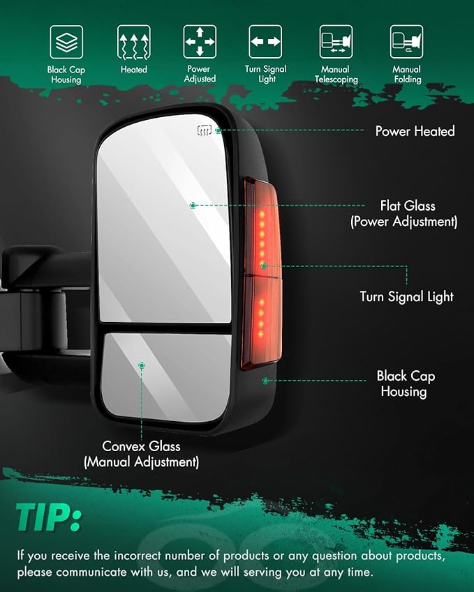 SCITOO Tow Mirrors Compatible with for 2003-2007 For Chevy Silverado 3500/Suburban 1500/2500 Tahoe 1500 HD Pickup Truck Power Adjusted Heated Turn Signal Light Black Towing Mirrors LH RH