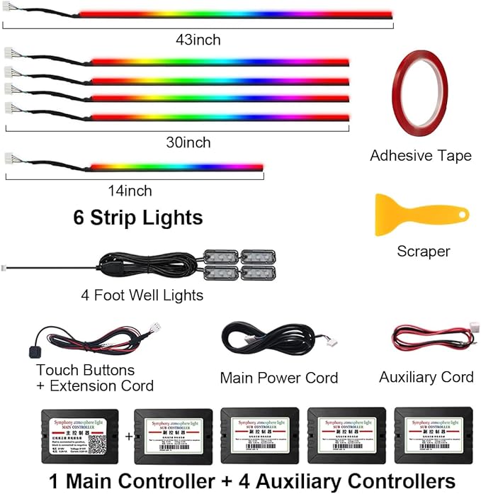 Dreamcolor Acrylic Interior Car LED Strip Light,RGB 10 in 1 Ambient Lighting Cars with Wireless APP,175 Inches 600 LED Music Sync Led Lights Kits,16 Million Car Interior Lights