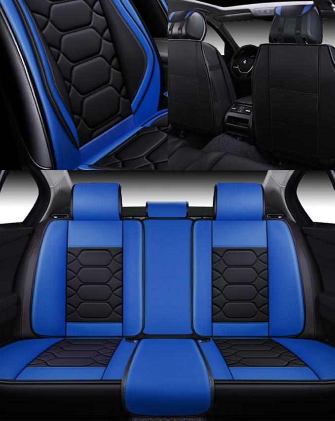 OASIS AUTO Car Seat Covers Premium Waterproof Faux Leather Cushion Universal Accessories Fit SUV Truck Sedan Automotive Vehicle Auto Interior Protector Full Set (OS-004 Black&Blue)