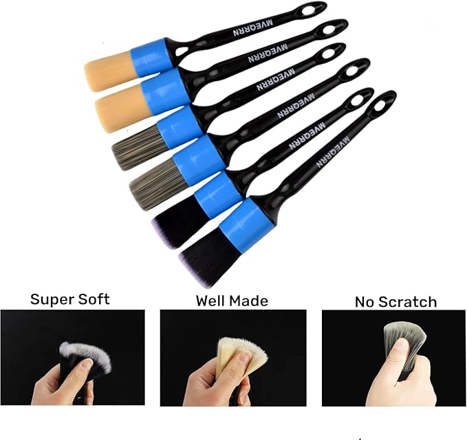 6pcs Car Detailing Brush Set-2pcs Boars Hair Car Detailing Brushes,2pcs Ultra Soft No Scratch Detailing Brush for Air Vent,Leather Seat 2pcs Detail Brushes for Interior Exterior(Blue)