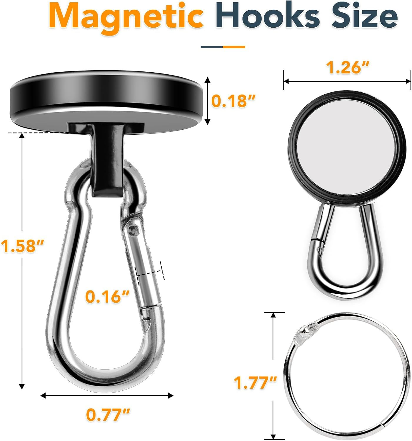 MIKEDE Strong Magnetic Hooks Heavy Duty, 110LB+ Swivel Neodymium Magnets with Carabiner Hook Black, Magnets with Hooks for Hanging, Magnet Hooks for Curtain, Home, Workplace - 6 Pack