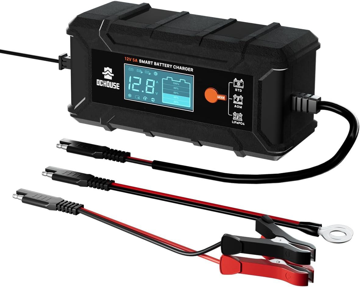 DC HOUSE 5A Battery Charger, 12V Smart Lithium Battery Charger for LiFePO4 & Lead Acid, Trickle Charger Maintainer and Desulfator for Car, Motorcycle, Automotive Batteries
