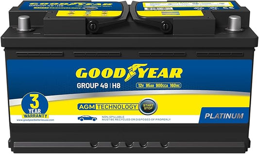 Goodyear 49-H8-AGM BCI Group Size 49 12V 95 AH, 160RC, 900 CCA Platinum series Rechargeable AGM Maintenance Free Automotive Battery