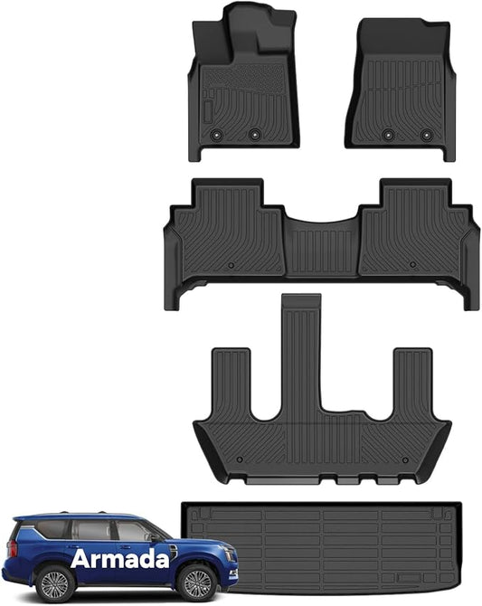 Wayhigh-All Weather Floor Mats and Cargo Mat Set Fit for 2025 2026 Nissan Armada/Infiniti QX80 7 Seats (Bucket Seat) TPE Car Mats Waterproof Heavy Duty Rubber Floor Liners for Armada 2025 Accessories