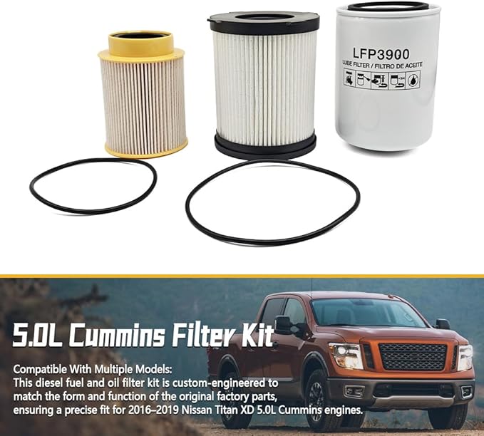Diesel Fuel Filter Kit Fit for Nissan Titan XD 5.0L Cummins Engines 2016-2019, with Fuel Filter Water Separator and Oil Filter, Replace 1603-EZ40A, 16403-EZ41A, DGF41920+D10652, 15208-EX40A