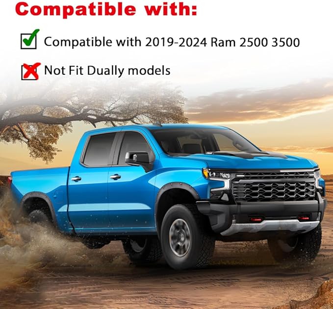 PIT66 Fender Flares Kit with Mounting Instruction and Hardware Compatible with Dodge Ram 2500 3500 2019-2024 (Not Fit Dually models) Smooth Pocket Riveted 4pcs Wheel Cover