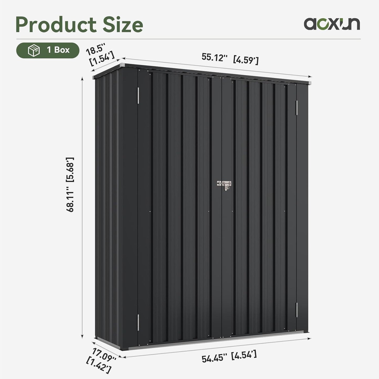 Aoxun 55x19 in Outdoor Storage Cabinet Metal Garden Shed with 2 Adjustable Shelves 3 Layer Indoor& Outdoor Waterproof Vertical Storage Shed for Patio Garden, Garage, Porch (Black, 40 Cu.Ft)