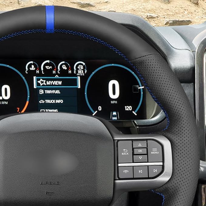 MEWANT Hand Sew Black Artificial Leather Steering Wheel Cover for Ford F150 Lightning F350 F450 Expedition 2022-2024