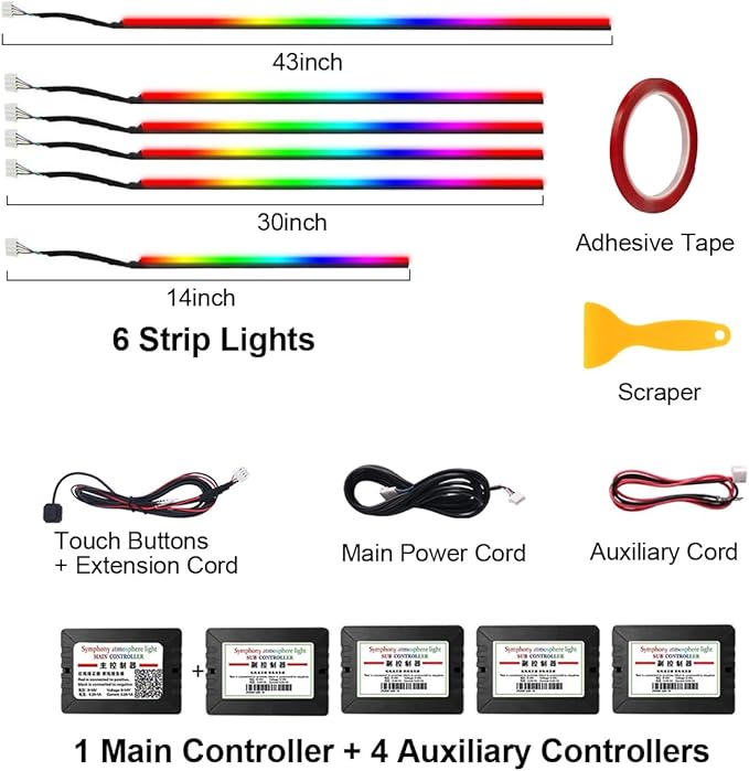 Dreamcolor Acrylic Interior Car LED Strip Light,RGB 6 in 1 Ambient Lighting Car with Wireless APP,175 Inches 600 LED Music Sync Led Lights Kits,16 Million Cars Interior Lights