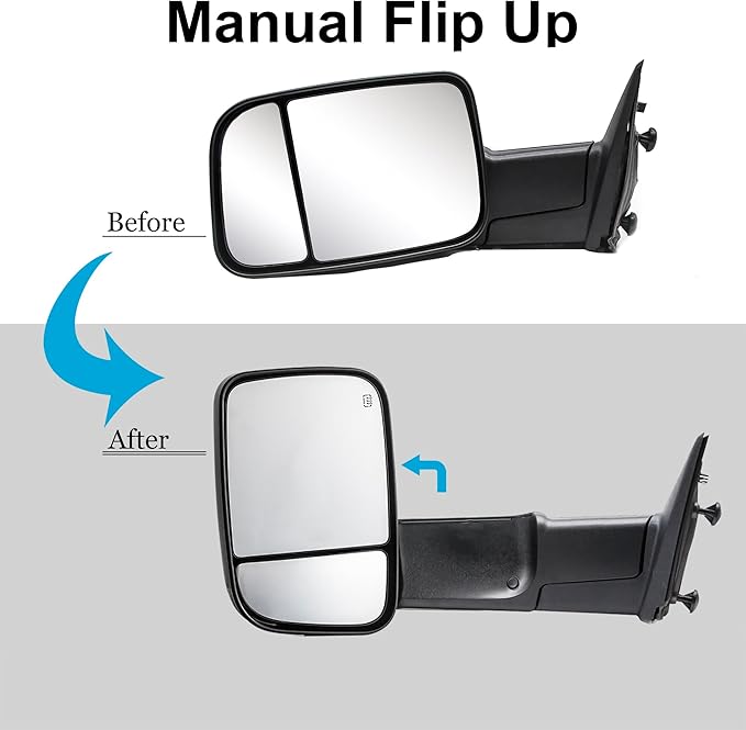 WLLW Towing Mirrors fit for 2009-2018 Dodge Ram 1500 2500 3500 Pickup with Manual Adjust Glass Manual Flip Manual Folding Black Cap