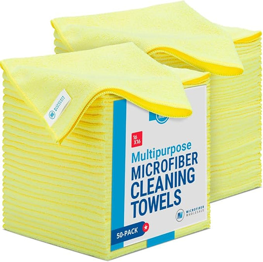 16" x 16" All Purpose Microfiber Towels - 50 Pack - Reusable Wash Cloths, Dust, Kitchen, Car, Shop Rags for Cleaning (Yellow)