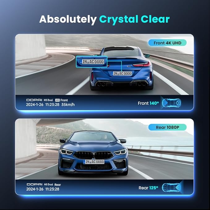 DDPAI 4K Dash Cam Front and Rear, 2160P+1080P Car Dash Camera, GPS 5G WiFi Dashcam for Cars, Free eMMC 32G Dual Storage Support 512G,Radar Motion Detection,Night Vision,72 Hour Parking Mode, N5 Dual