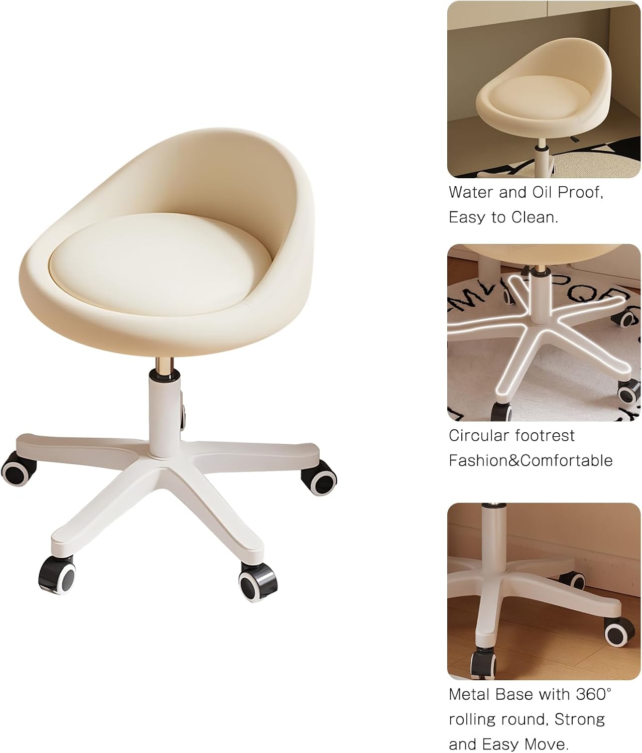 Rolling Stool Set of 6 Rolling Hydraulic Salon Stool with Low Backrest - Adjustable Swivel Chair for SPA, Shop, Salon, Massage, or Medical Office Beige