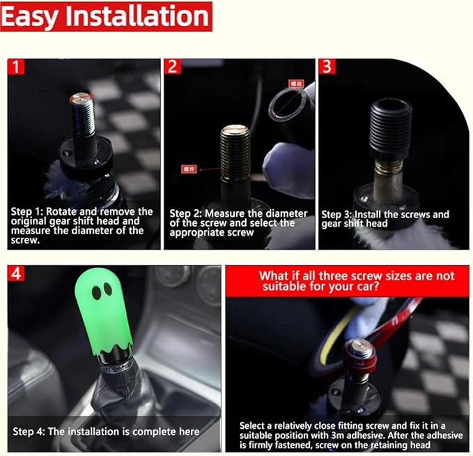 Universal Ghost Gear Shift Knob with 3 Threaded Adapters M8 M10 M12,Fits for Most Vehicles,Spooky Car Accessories Funny Gear Shifter Handle On Halloween (Ghost-White)