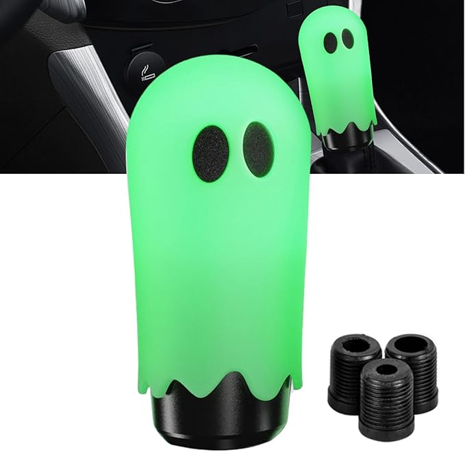 Universal Ghost Gear Shift Knob with 3 Threaded Adapters M8 M10 M12,Fits for Most Vehicles,Spooky Car Accessories Funny Gear Shifter Handle On Halloween(Ghost-Fluorescence)