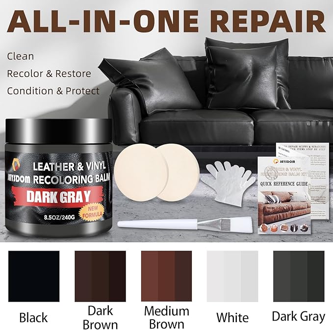 Leather Recoloring Balm, Leather Repair Kit, Leather Dye, Leather Color Restorer, Leather Scratch Remover, Leather Couch Paint, Repair, Leather Scratch Repair, Leather Restorer(Dark Gray with Oil)
