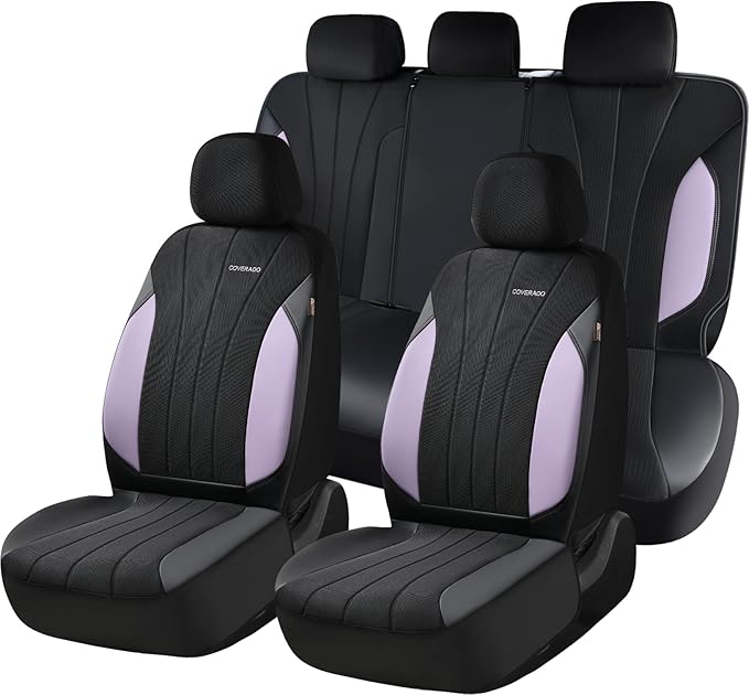 Coverado Car Seat Covers Full Set, Automotive Seat Covers 5-Piece, Leather Car Protectors 5 Seats, Purple Auto Seat Covers Spill-Proof Design Universal Fit for SUV, Vans, Sedan, Truck