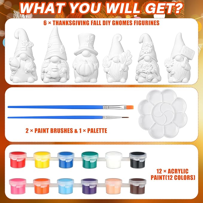 Eersida 6 Sets Fall Gnome Ceramics to Paint Thanksgiving Ready to Paint Your Own Ceramic Autumn Pumpkin Gnome Statues DIY Unpainted Ceramics Paintable Figurines Kit Crafts with Brush Palette