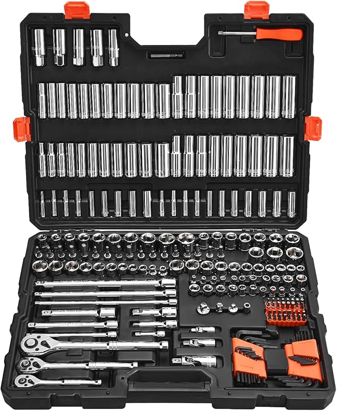 VEVOR Socket Set, 225 Pieces, 3/8 & 1/4 & 1/2 inch Drive Socket and Ratchet Set, SAE and Metric, Deep and Shallow, Mechanic Tool Kit with Bits, Accessories, Storage Case, CR-V Alloy Steel, for Repair