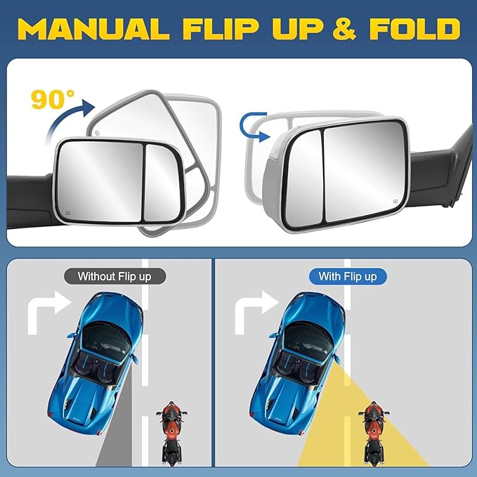Pair Power Heated Towing Mirrors Compatible for 1998-2001 Dodge 1500 1998-2002 Ram 2500 3500 w/Amber Turn Signal Light Side Tow Mirror Manual Telescoping Fold (Chrome)