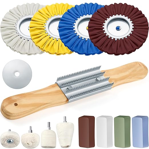 Liliful 15 Pcs 8" Airway Polishing Wheel Kit in Diameter 5/8", Metal Aluminum Buffing Wheel and Polishing Compound and Buffing Drill and Rake Pad for Angle Grinder Mirror Metal Finish (Dark Color)