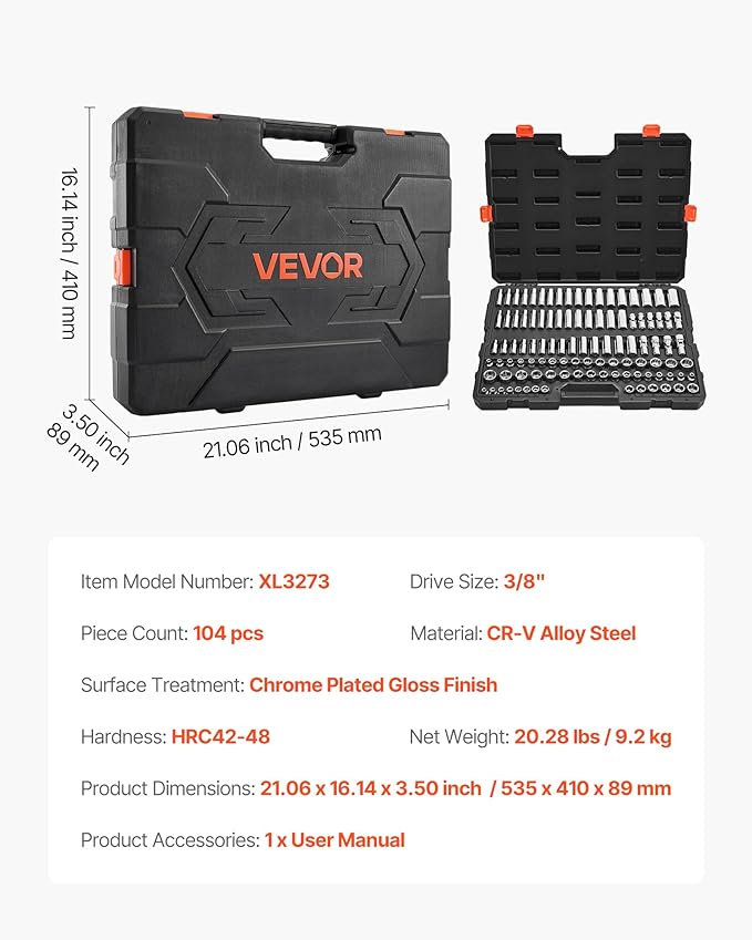 VEVOR Socket Set, 104 Pieces, 3/8 inch Drive Socket Tool Set, Metric Size from 6 to 24 mm, Deep and Standard, Mechanic Tool Kit with Storage Case, Chrome Plated CR-V Alloy Steel, for Automotive Repair