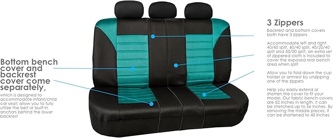 FH Group Automotive Car Seat Covers Full Set Premium 3D Air Mesh Front Seat Covers, Airbag Compatible & Split Bench Cover Universal Fit Interior Accessories for Cars Trucks and SUVs - Mint