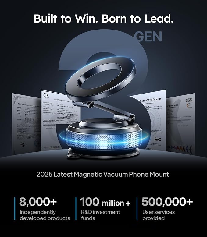 Wigoo Vacuum Magnetic Phone Holder for Car for Magsafe [80LBS Suction & 3000gf Magnetic] 360° Adjustable Car Phone Mount, Cell Phone Holders for Your Car, for iPhone 17 Pro Max 16 15 14 13 12 Air Plus