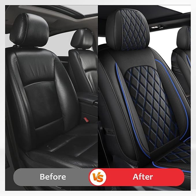 MIROZO Seat Covers Full Set, Car Seat Covers Blue Faux Leather Seat Covers Automotive Seat Covers Car Seat Protector for SUV Pick-up Truck Sedan,Driver Seat Cover Universal Fit (Black and Blue)