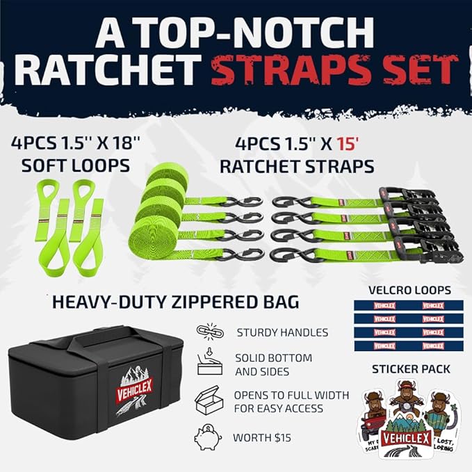 Vehiclex 1.5" x 15 ft 4,400 lb Heavy Duty Ratchet Tie Down Straps with Soft Loops – 4PK for Cargo & Equipment – Green